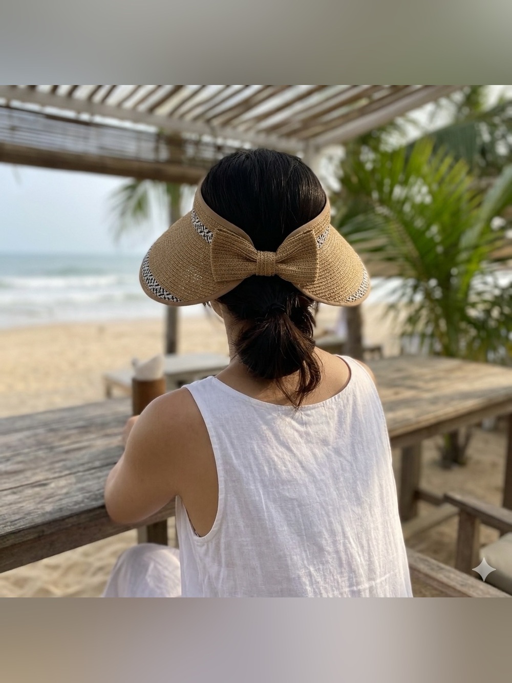 Kids Straw Sun Visor Hat - Tan with Black & White Trim